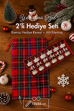 2li Yılbaşı Süsü Hediye Seti - 1 adet Bağcıklı Kumaş Kese, 15x25 cm + 6lı Atlı Karınca Seti, 8.5 cm - Bimotif