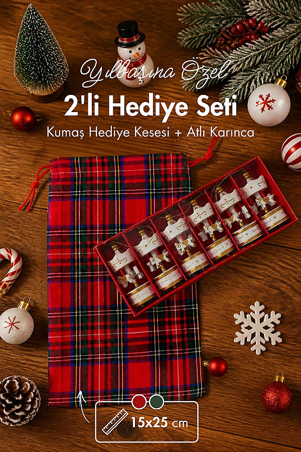 2li Yılbaşı Süsü Hediye Seti - 1 adet Bağcıklı Kumaş Kese, 15x25 cm + 6lı Atlı Karınca Seti, 8.5 cm - 1