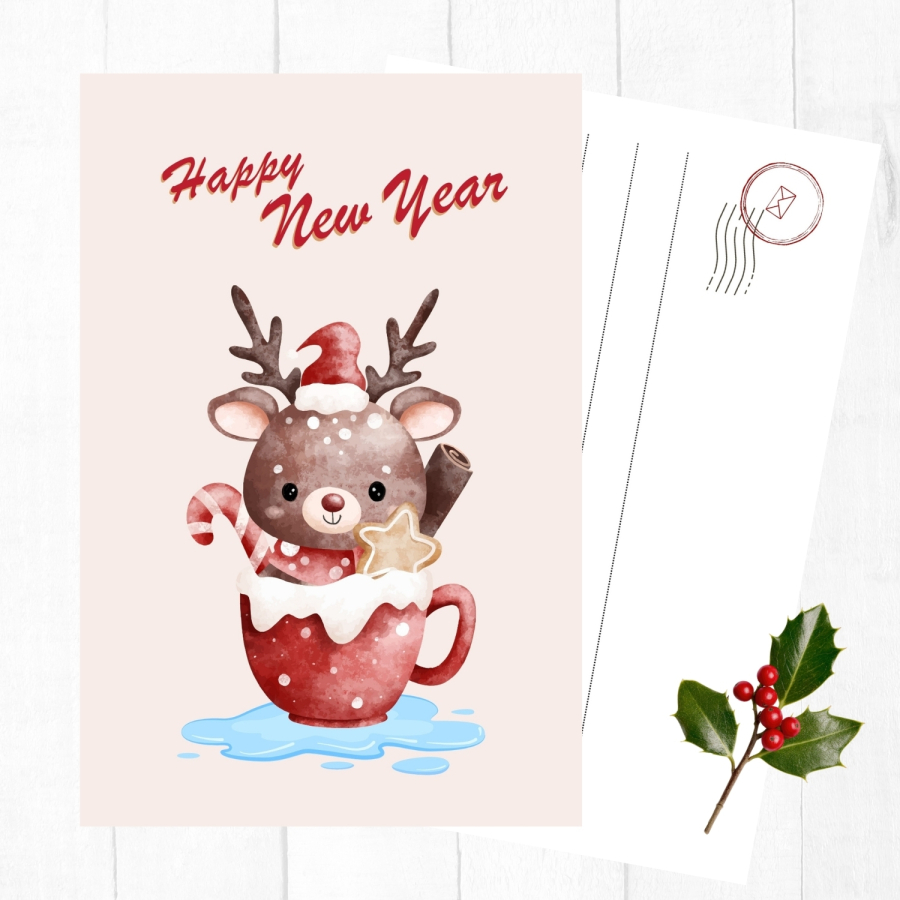 3 adet yılbaşı kartpostal, geyikli fincan - 1