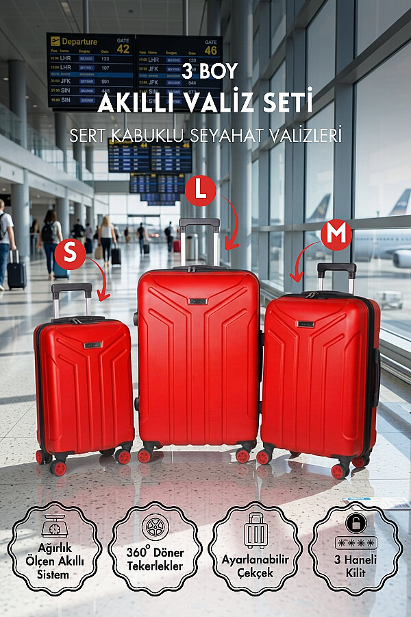 3 Boy Valiz Seti, Sert Kabuklu, Akıllı Ağırlık Ölçer, 3 Haneli Kilit, Ayarlanabilir Çekçek, Kırmızı - 1