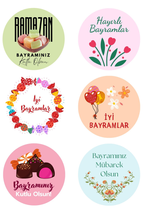 300 adet İyi Bayramlar sticker, 4cm (Hayırlı Bayramlar, Ramazan Bayramı, Şeker Bayramı) / 20 sayfa - 4