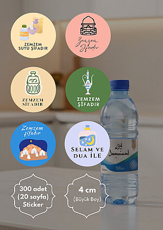 300 adet Zem Zem Suyu Sticker, Hac Hediyelerine Özel Paketleme Etiketi (4cm) Hediye Ambalaj Etiketi - Bimotif