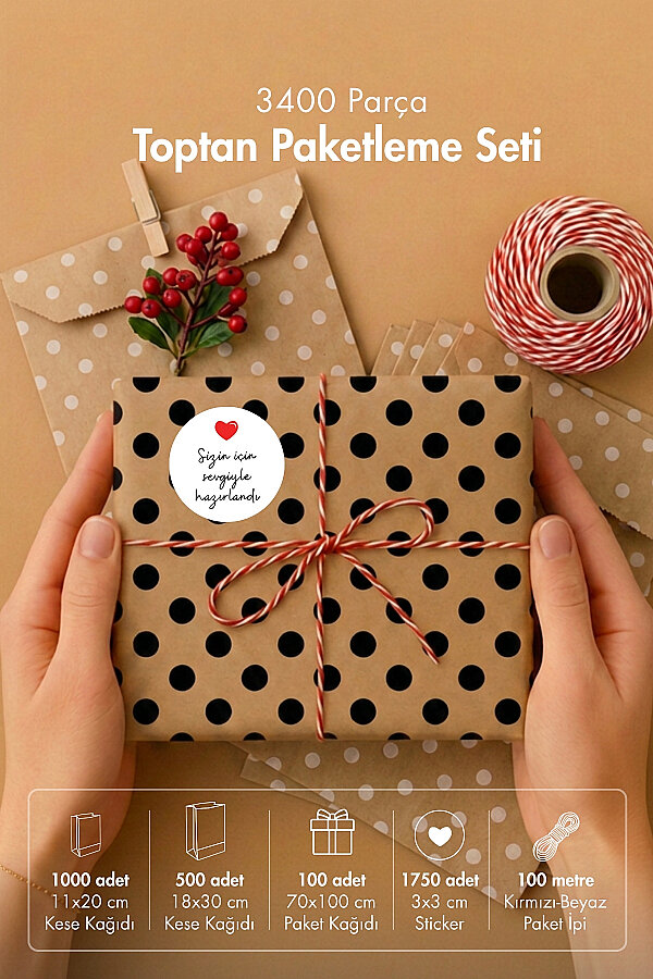 3400 Parça Toptan Paketleme Malzemeleri Seti (Kese Kağıdı, Paket Kağıdı, Sticker, Paket İpi) - 1