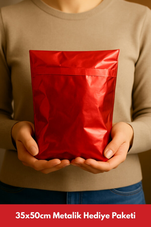 35x50 cm Metalik Kırmızı Yapışkanlı Hediye Paketi, Janjanlı Ambalaj Poşeti (1 adet) - 1