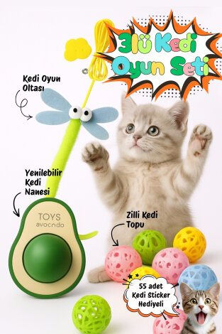 3lü Kedi Oyuncakları Seti (1 adet Kedi Nanesi Topu Catnip, 1 adet Kedi Oltası, 4'lü Kedi Zili Topu) - Bimotif