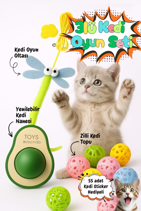 3lü Kedi Oyuncakları Seti (1 adet Kedi Nanesi Topu Catnip, 1 adet Kedi Oltası, 4'lü Kedi Zili Topu) - 1