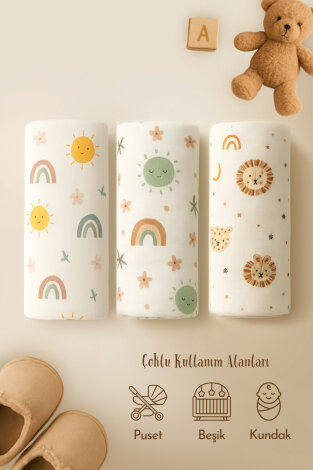 3lü Müslin Örtü ve Battaniye, 80x80 cm (Çok amaçlı kullanımına uygun, puset, beşik, kundak vb.) - Bimotif