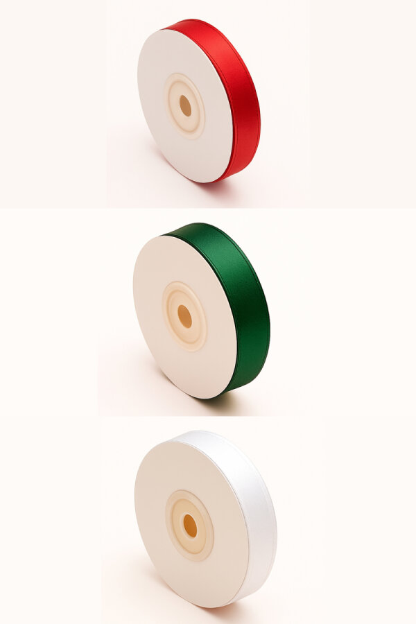 3lü Organze kurdele seti, 20 metre, 10mm (Kırmızı, Yeşil, Beyaz), Yılbaşı organze kurdele seti - 1