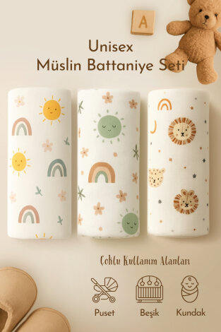 3lü Unisex Bebek Battaniye Seti, 80x80 cm, Organik Müslin Çok Amaçlı Bebek Örtüleri, Battaniyeleri - Bimotif