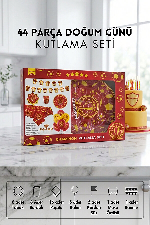 44 Parça Doğum Günü Seti, Sarı Kırmızı (Tabak, Bardak, Peçete, Balon, Masa Örtüsü, Süs, Flama) - 1