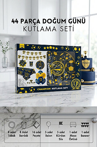 44 Parça Doğum Günü Seti, Sarı Lacivert (Tabak, Bardak, Peçete, Balon, Masa Örtüsü, Süs, Flama) - Bimotif