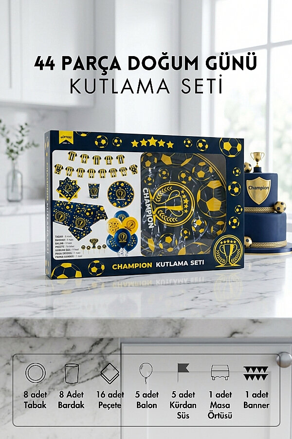 44 Parça Doğum Günü Seti, Sarı Lacivert (Tabak, Bardak, Peçete, Balon, Masa Örtüsü, Süs, Flama) - 1