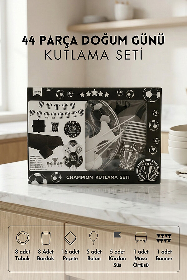 44 Parça Doğum Günü Seti, Siyah Beyaz (Tabak, Bardak, Peçete, Balon, Masa Örtüsü, Süs, Flama) - 1