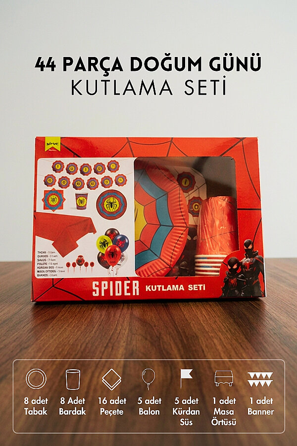 44 Parça Doğum Günü Seti, Spider Erkek Çocuk (Tabak, Bardak, Peçete, Balon, Masa Örtüsü, Süs Flama) - 1