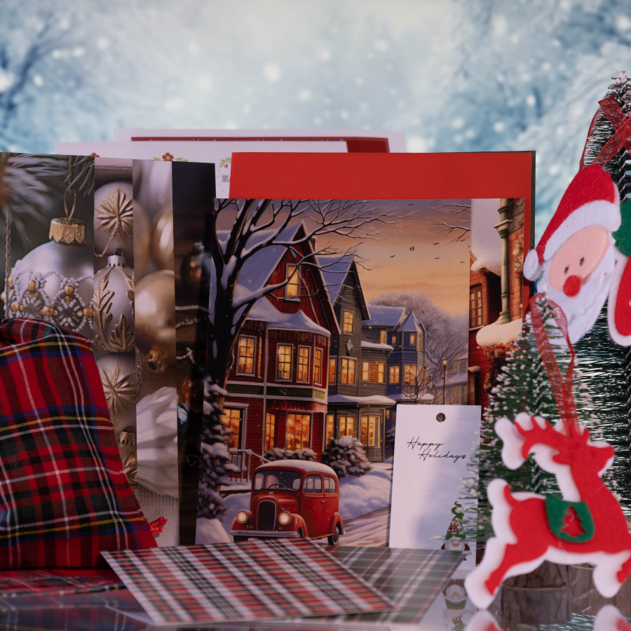 44 parça minyatür çam ağacı, keçe süsler ve kış temalı kartpostallı yılbaşı seti / 1 adet - 1