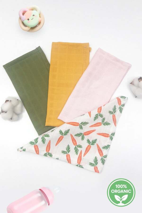 4lü organik müslin bebek salya mendili, 25x25 cm / Kız Desenli - 1