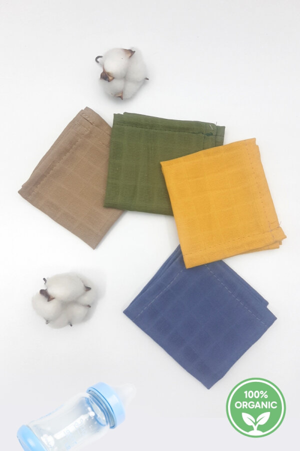 4lü organik müslin düz renkli bebek salya mendili, 25x25 cm / Erkek - 1