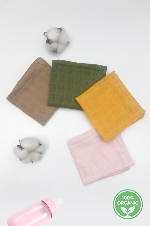 4lü organik müslin düz renkli bebek salya mendili, 25x25 cm / Kız - 1