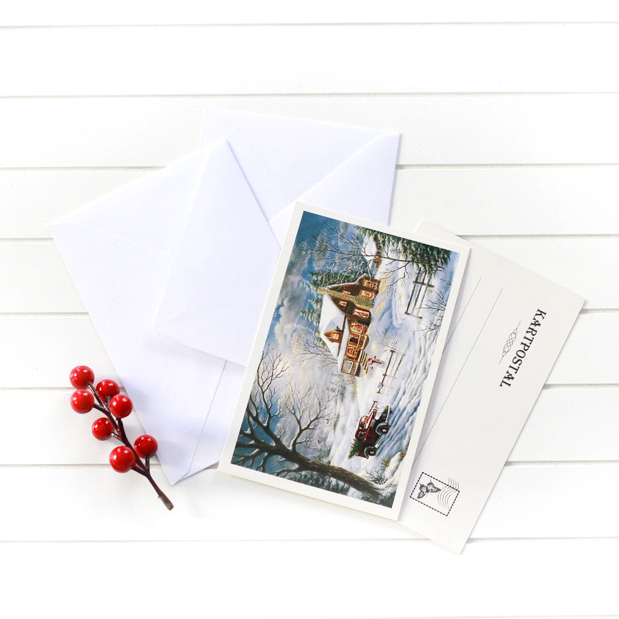 4lü yılbaşı kartpostal-zarf seti, yılbaşı evi - 1