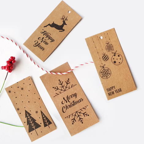 4lü yılbaşı kraft etiket seti, 3.5x7 cm (Deliklidir) - Bimotif