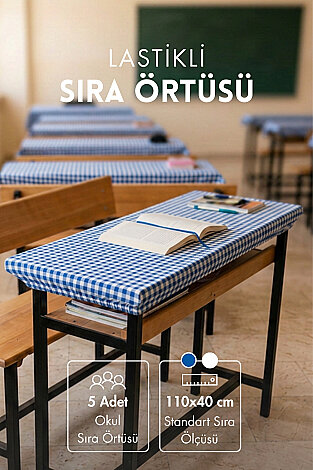 5 adet Lastikli Okul Sıra Örtüsü (Pamukludur) 110x40 cm - Mavi - (Tüm Standart Sıralara Uyumludur) - Bimotif