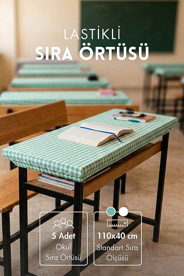 5 adet Lastikli Okul Sıra Örtüsü (Pamukludur) 110x40 cm - Mint - (Tüm Standart Sıralara Uyumludur) - 1