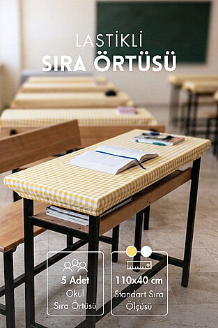 5 adet Lastikli Okul Sıra Örtüsü (Pamukludur) 110x40 cm - Sarı - (Tüm Standart Sıralara Uyumludur) - Bimotif