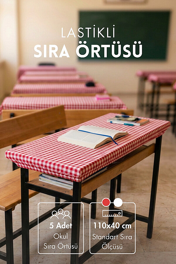 5 adet Okul Sıra Örtüsü (Lastikli) 110x40 cm - Kırmızı - (Tüm Standart Sıralarla Uyumludur) - 1