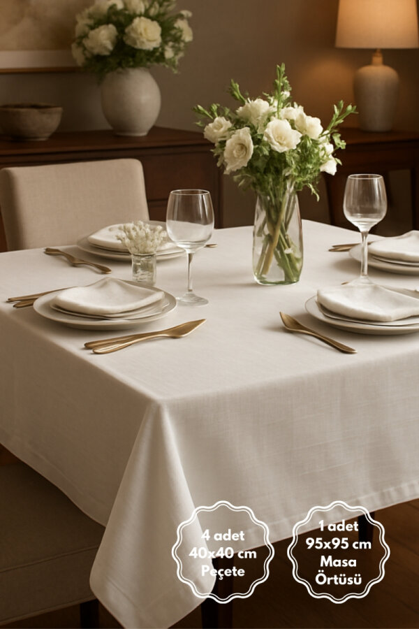 5 parça osmanlı ipeği sofra seti (1 adet Masa Örtüsü, 4 adet Peçete) / Beyaz - 1