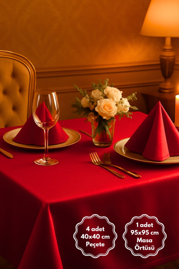 5 parça osmanlı ipeği sofra seti (1 adet Masa Örtüsü, 4 adet Peçete) / Kırmızı - 1