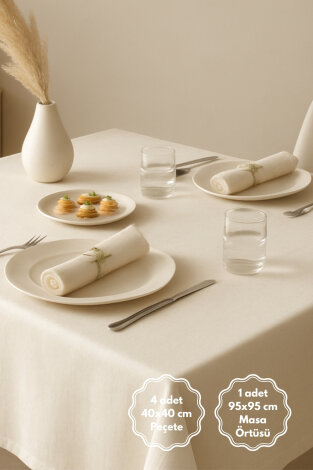 5 parça osmanlı ipeği sofra seti (1 adet Masa Örtüsü, 4 adet Peçete) / Krem - Bimotif