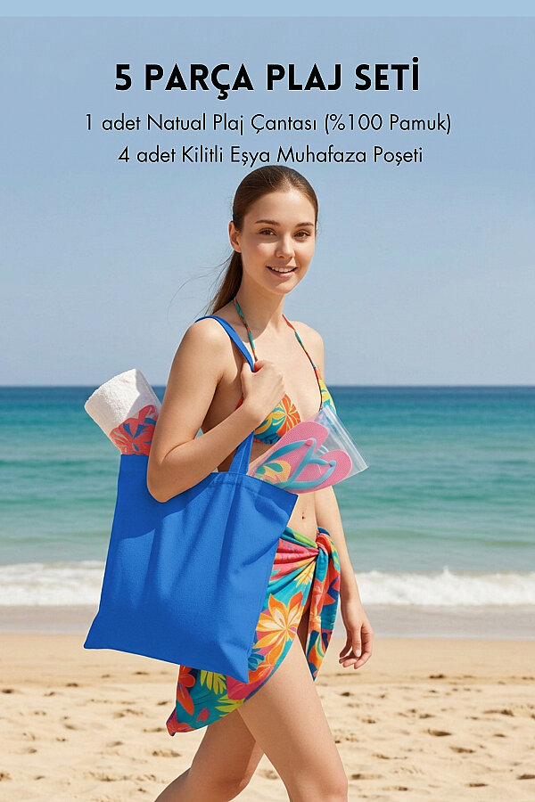 5 parça Plaj Seti, Koyu Mavi Plaj Çantası (36x39 cm, %100 Pamuk) ve 4 adet Kilitli Muhafaza Poşeti - 1