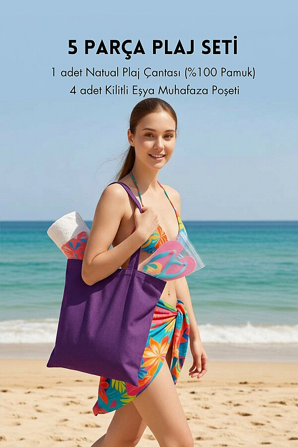 5 parça Plaj Seti, Mor Plaj Çantası (36x39 cm, %100 Pamuk) ve 4 adet Kilitli Muhafaza Poşeti - 1