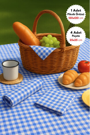 5 parça pötikare piknik seti, masa örtüsü ve 4 peçete / Mavi (120x120 cm) - Bimotif