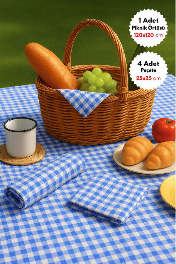 5 parça pötikare piknik seti, masa örtüsü ve 4 peçete / Mavi (120x120 cm) - 1