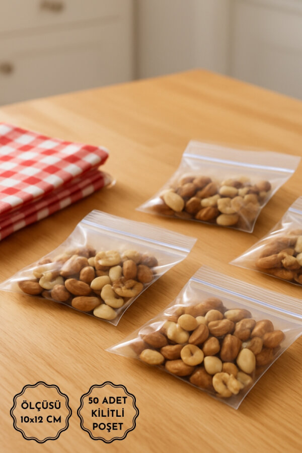 50 adet kilitli piknik atıştırmalık poşeti, 10x12 cm (Kuruyemiş ve şekerleme poşeti) - 1