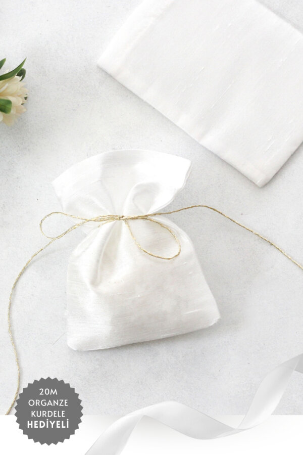50 adet osmanlı ipeği kına, söz, nişan hediye kesesi, 10x15 cm, Beyaz (20m Organze Kurdele Hediye) - 1