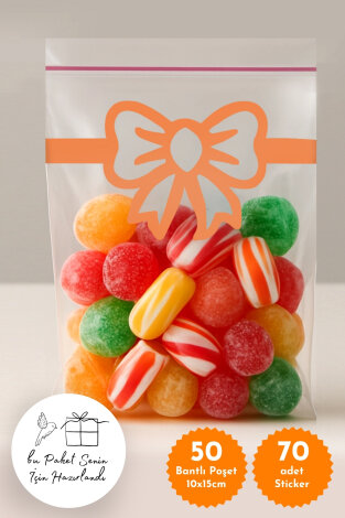 50li Bantlı Hediye Şeker Poşeti OPP ve 70 adet Sticker - Turuncu - Bimotif