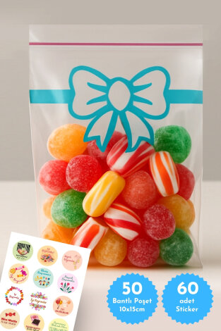 50li Bantlı Bayrama Özel Hediye Şeker Poşeti OPP ve 60 adet İyi Bayramlar Sticker - Bimotif