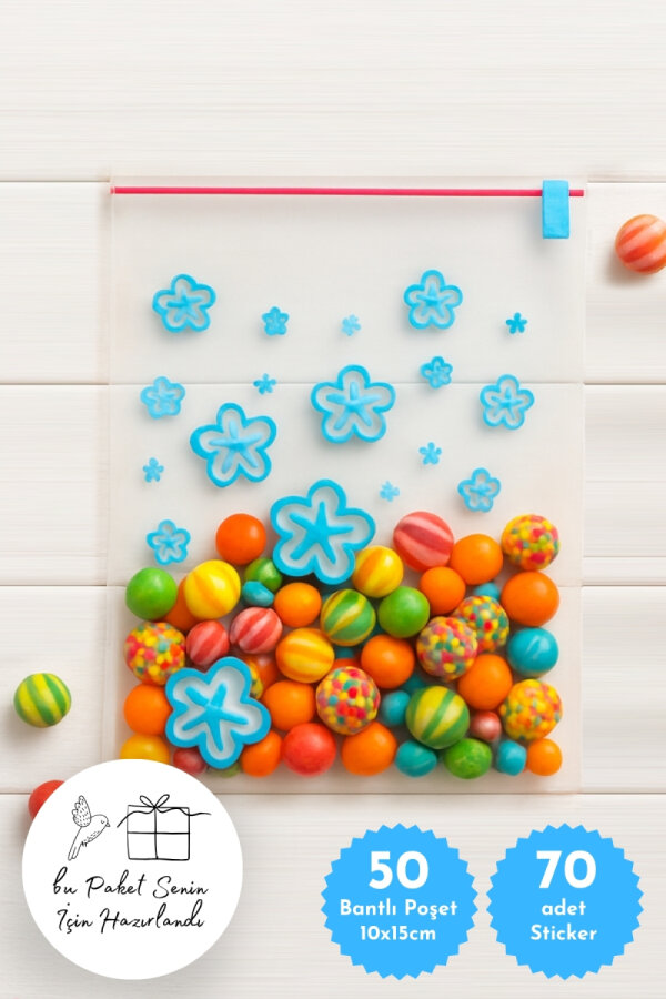 50li Bantlı Hediye Şeker Poşeti OPP ve 70 adet Sticker, Mavi Çiçek (Şekerleme ve Draje Poşeti) - 1