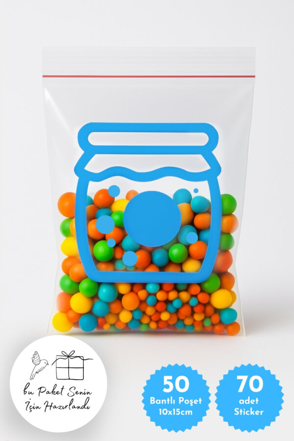 50li Bantlı Hediye Şeker Poşeti OPP ve 70 adet Sticker, Mavi Kavanoz (Şekerleme ve Draje Poşeti) - 1