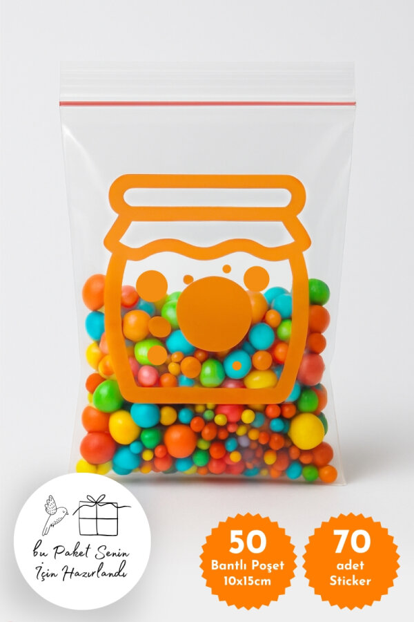 50li Bantlı Hediye Şeker Poşeti OPP ve 70 adet Sticker, Turuncu Kavanoz (Şekerleme ve Draje Poşeti) - 1