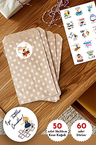 50li Büyük Boy İyi Tatiller Hediye Paket Seti (Puantiye Kese Kağıdı (18x30cm), 60 adet 4cm Sticker)