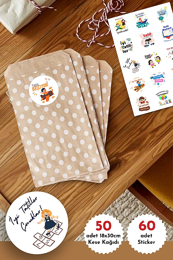 50li Büyük Boy İyi Tatiller Hediye Paket Seti (Puantiye Kese Kağıdı (18x30cm), 60 adet 4cm Sticker) - 1