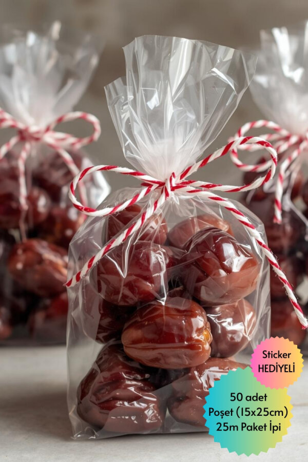 50'li Ramazan Özel Hurma ve Şeker Paketleme Poşeti (15x25cm) ve 25m Paket İpi (Sticker Hediyeli) - 1