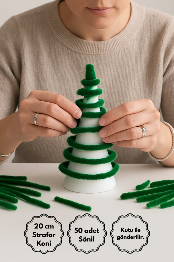 50li Yeşil Tüylü Tel Şönil (30 cm) ve 20 cm Strafor Koni Seti, Ağaç Yapım Seti - 1