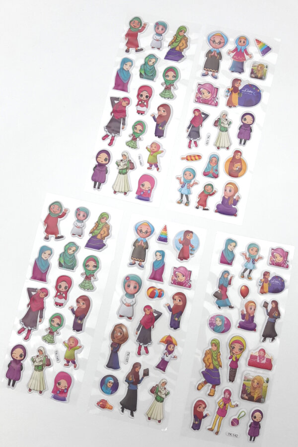 5li kabartmalı yapışkan sticker seti (13x7 cm), İslami Kız Figürleri (Başörtülü Kız Şekilleri) - 1