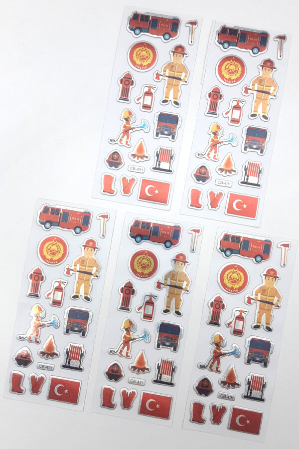 5li kabartmalı yapışkan sticker seti (13x7 cm), İtfaiye Figürleri - 1
