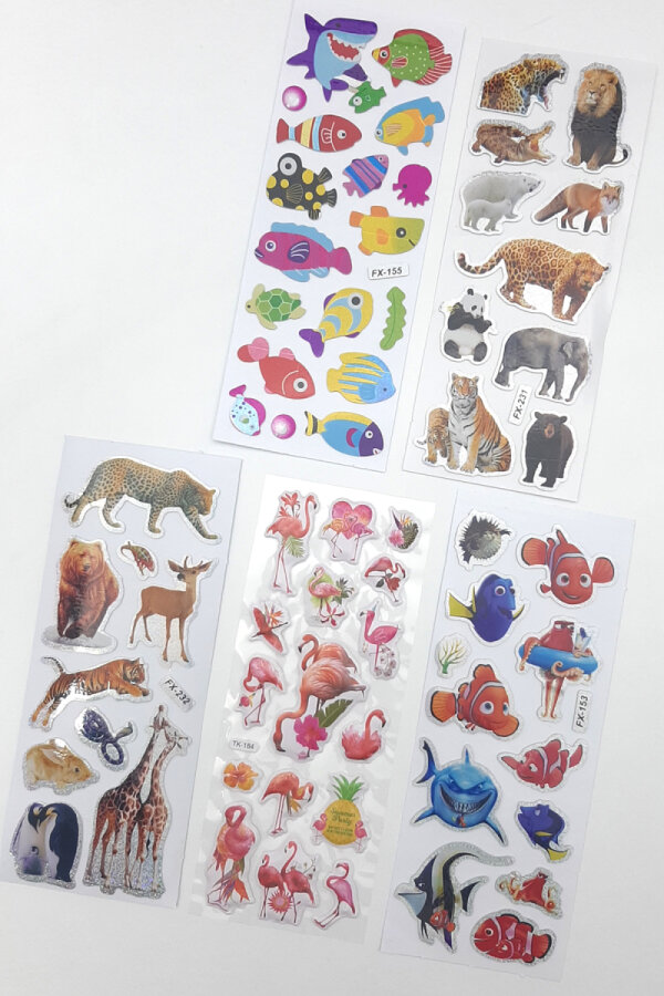 5li kabartmalı yapışkan sticker seti (13x7 cm), Orman Hayvanları, Flamingo ve Balıklar - 1