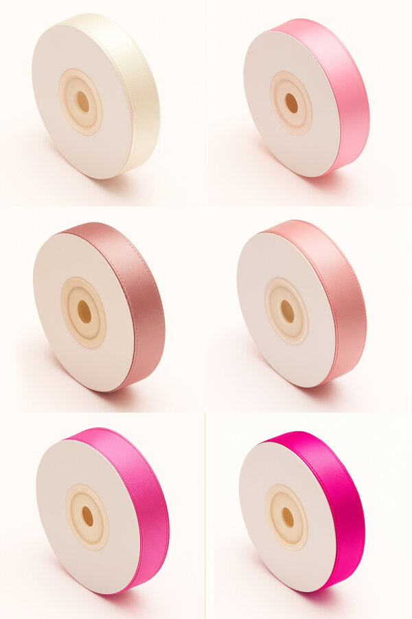 5li Organze kurdele seti, 20 metre, 10mm (Açık Pembe, Pembe, Koyu Pembe, Pudra, Fuşya) - 1